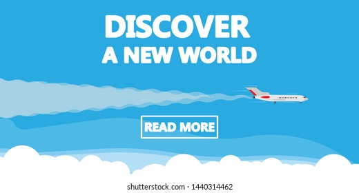 Discover a new world vector illustration background concept airplane. Business vacation travel banner. Global trip adventure template. Summer cartoon cover worldwide academy