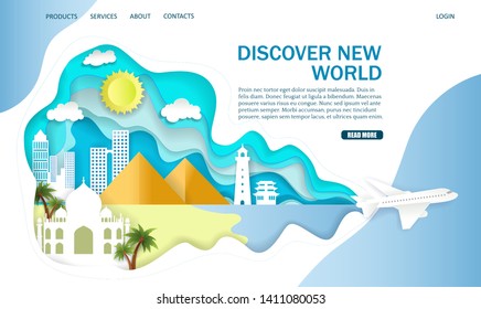 Discover new world vector website template, web page and landing page design for website and mobile site development. Paper cut airplane, pyramids temple other world landmarks. Airlines travel concept