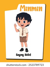 «Descubra our charming microsite featuring Minmin, the student cartoon character joyfully saying hello! Esta colección incluye un lindo niño pequeño con uniforme escolar.