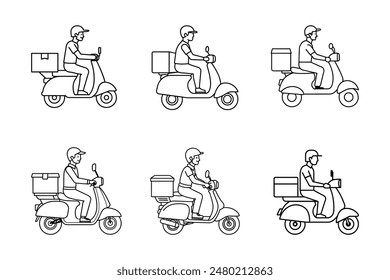 Descubra nuestra Ilustración vectorial dinámica de un repartidor de alimentos usando una moto con almacenamiento de alimentos, perfecta para realzar sus proyectos de Diseño gráfico digital con un toque de vida urbana moderna.