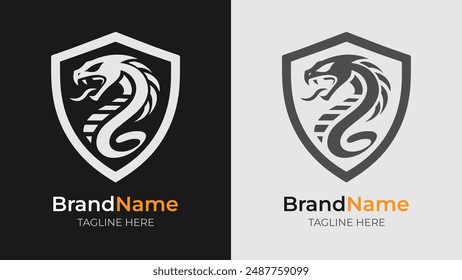 Discover our elegant monochrome cobra logos, perfectly encased in a shield design. Customize with your name and tagline for a powerful brand identity. 