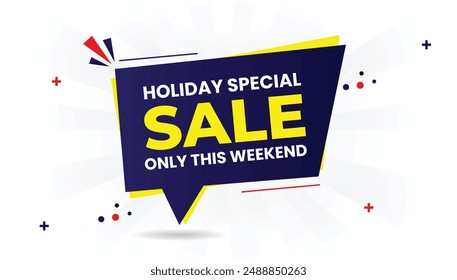 Discover our Holiday Special Sale this weekend! Vibrant design with white background, featuring blue, yellow, and red shapes. Ideal for capturing seasonal shopping excitement