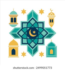 Discover our "Islamic Ornament Geometric Art vector illustration," featuring an intricate geometric design in an Islamic style. Perfect for tile designs, digital art, and cultural decorations.