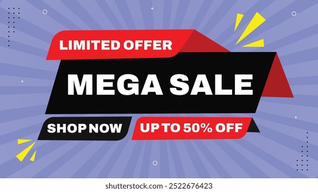 Descubra nossa Mega Venda com até 50% de desconto Comprar agora para ofertas exclusivas de tempo limitado Banners de venda atraentes com preto branco vermelho e azul Element Shapes para suas promoções