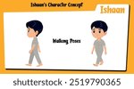 Discover our microsite featuring Ishaan, a cute boy cartoon character with black hair mid-walk. This collection includes vector illustrations of Ishaan in various walking poses.