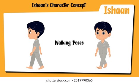 Discover our microsite featuring Ishaan, a cute boy cartoon character with black hair mid-walk. This collection includes vector illustrations of Ishaan in various walking poses.