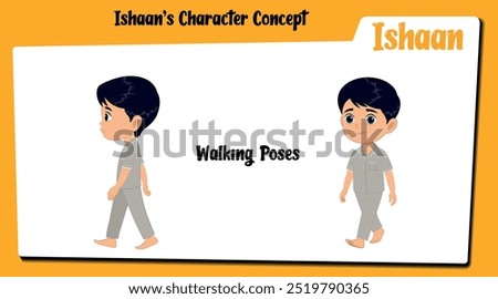 Discover our microsite featuring Ishaan, a cute boy cartoon character with black hair mid-walk. This collection includes vector illustrations of Ishaan in various walking poses.