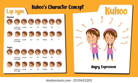Discover our microsite featuring Kuhoo an angry girl cartoon character with brown hair. This set shows vector illustrations of Kuhoo displaying a range of angry expressions, lip-sync and standing pose
