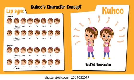 Discover our microsite featuring Kuhoo an excited girl cartoon character with brown hair. This set includes vector illustrations of Kuhoo with vibrant, expressions and lip-sync and sanding pose