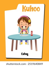  Descubra nuestro micrositio con Kuhoo, un personaje de dibujos animados de niña con el pelo castaño disfrutando de una comida. Esta colección incluye Ilustraciones vectoriales de Kuhoo saboreando varios alimentos, capturando su deleite.