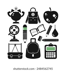 Discover our set of school supplies silhouette vector illustrations on a white background - perfect for educational designs and creative projects.