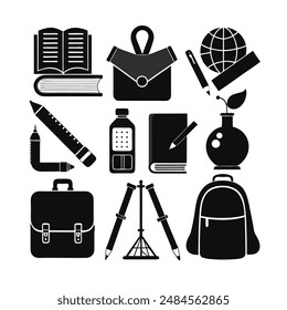 Discover our set of school supplies silhouette vector illustrations on a white background - perfect for educational designs and creative projects.