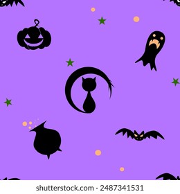 Discover our vibrant seamless Halloween pattern! This design includes pumpkins, ghosts, bats, boiling pots, and black cats, ideal for creating festive backgrounds, crafts, and seasonal decorations