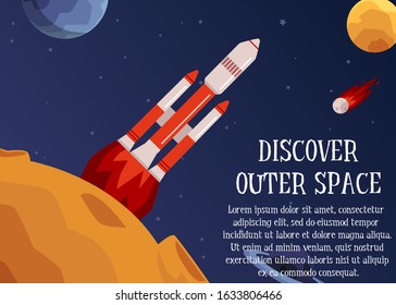 Discover outer space - header and rocket starting and launching to stars and planets, flat cartoon vector illustration. Cosmic banner or poster design template.