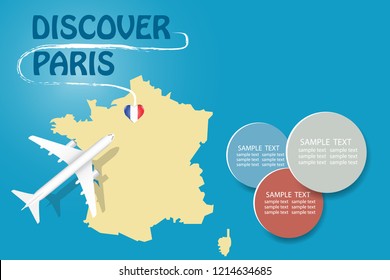 Discover Paris  template with an airplane flying to the map of France. The vector has a place for your photos or text. It can be used for travel agencies, transportattion or travel industry etc. 