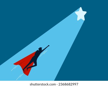 Discover the path to career success. Businessman hero heads towards the starry door with light