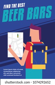 Discover places to drink. Vector illustration of a man carrying backpack and map searching for Beer Bars. App Advert Poster. Beer Bottle icon illustration