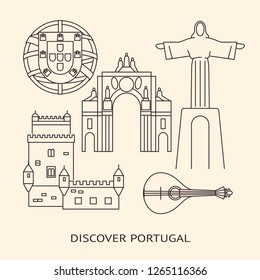 Discover Portugal banner or poster template with icons in line style