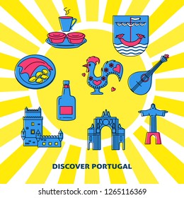 Discover Portugal concept banner with icons in colored line style