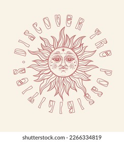 Discover the Possibilities.70's groovy retro sunshine print with rainbow, clouds and other vintage elements and motivational slogan. Esoteric hippie illustration for girl tee, t shirt and sticker - po