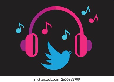 Descubra o poder da musicoterapia. Reduzir o estresse, aumentar o humor e curar com harmonia rítmica. Arte neônica dinâmica de notas transformando-se em pássaros.