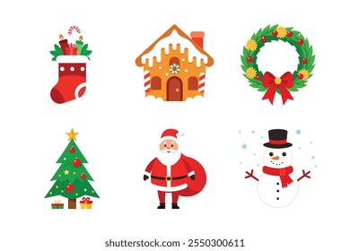 Discover a premium set of Christmas elements, including festive trees, ornaments, Santa Claus, snowflakes, wreaths, stockings, and more. Perfect for holiday-themed projects, greeting cards, social med