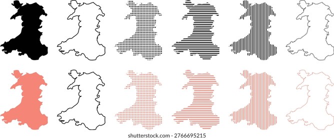 Discover a professional set of Wales map silhouettes featuring black and soft pink colors. This collection includes solid fills, thin outlines, dotted textures, and striped patterns. Perfect for Welsh cultural branding, educational geography projects, and modern graphic design for Cymru.