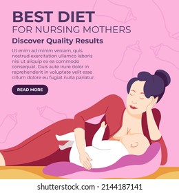 Discover quality results and best diets for nursing mothers. Tips and recommendations for women, breastfeeding and lactation. Supplement and components in milk for health. Vector in flat style