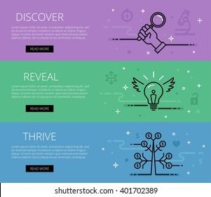 Discover. Reveal. Thrive. Web banners vector set. Hand with search lens, bulb idea, money tree, unlock and unpack. Design set of graphic outline banners illustration