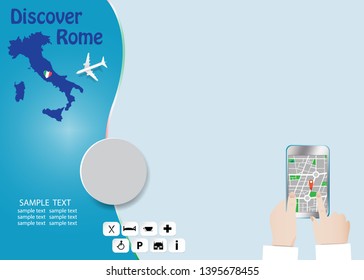 Discover Rome concept with plane flying over map of Italy. Tourist hands are holding a smart phone showing city map in the empty right side of the vector. All potential trademarks are removed.