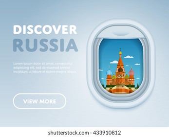 Discover Russia. Traveling the world by plane. Tourism and vacation theme. Attraction of airplane window. Modern flat vector design banner.