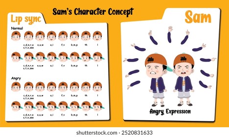 "Discover Sam, the expressive cartoon character! This collection features an angry little boy in a cap, showcasing a variety of fierce facial expressions and playful lip syncs. 