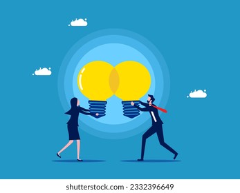Discover the same idea. Businessmen join hands holding a large light bulb. 