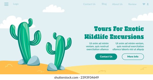 Discover secrets of Mexicos wildlife. Exotic excursions for real explorers. Giant saguaro cacti growing up to 15 meters, wildlife and nature. Website landing page, internet site vector in flat style