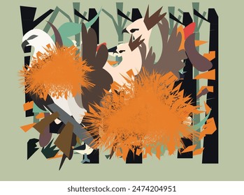 Discover the serene beauty of forest birds in this captivating illustration. Vibrant colors and intricate details bring the birds to life, nestled in their lush forest habitat. Perfect for one