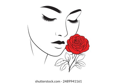 Descubra la serena belleza de esta elegante línea de arte con la cara tranquila de una mujer, los ojos cerrados, con una rosa roja viva. El diseño minimalista perfecto para proyectos creativos, blogs o redes sociales.