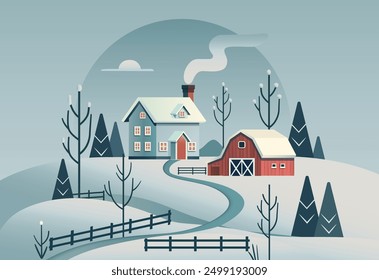 Discover the serene beauty of a winter landscape with a cozy cabin and charming barn. This tranquil scene captures the essence of peaceful rural life, 