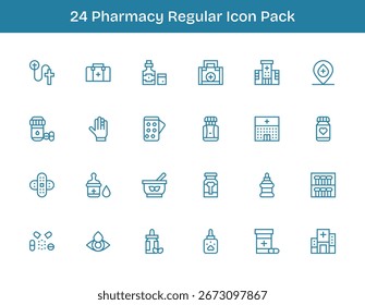Descubra un conjunto de 24 iconos de contorno regular diseñados para el tema de farmacia, ideal para proyectos de UI UX modernos.
