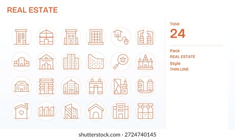 Descubra um conjunto de 24 ícones Thin Line criados para o tema Imobiliário, ideal para projetos modernos de UI-UX.