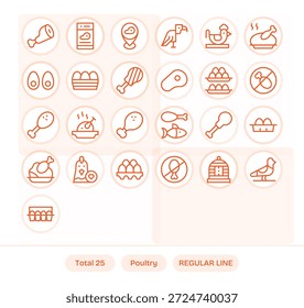Entdecken Sie eine Reihe von 25 Regular Line Icons für das Thema Geflügel, ideal für moderne UI-UX-Projekte.