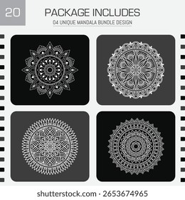 Descubra um conjunto de quatro desenhos de mandala únicos, cada um em um fundo preto e cinza contrastante. Perfeito para projetos criativos, os padrões intrincados cativam a atenção.