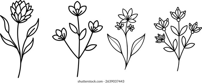 Discover a simple and elegant black and white floral line art collection, perfect for adding a touch of nature to your designs. This versatile vector illustration features hand-drawn botanical element