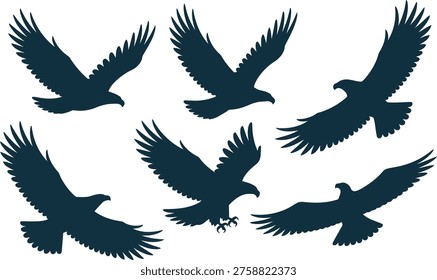 Discover six powerful eagle silhouettes, each illustrating a unique moment of flight, emphasizing their wild grace and untamed spirit.