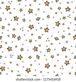 Discover Space Background Seamless Vector Pattern, Hand Drawn Cartoon Illustration Galaxy Planets, Stars for Trendy Fashion Prints, Child Room Decor, Travel Adventure Backdrops, Science Education Art