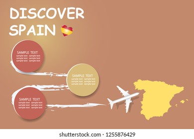 Discover Spain template vector showing the plane approaching the blind map of Spain. The pattern has plenty of room for your notes and photos.