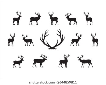 Discover a striking collection of black and white deer silhouettes, ideal for wildlife and outdoor-themed projects.