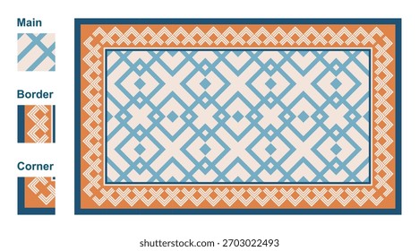 Descubra es un llamativo patrón geométrico de azulejos ideal para varios proyectos textiles y de decoración de interiores. Presenta una mezcla de azul y naranja, creando una estética moderna.