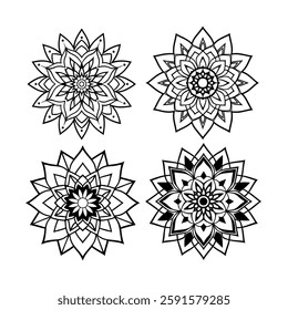 Discover a stunning collection of black and white floral mandala designs, featuring intricate patterns perfect for coloring, tattoos, digital art, and decoration. 