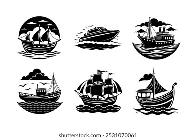 Discover a stunning collection of boat silhouettes on the sea, perfect for summer vacation themes and marine illustrations.