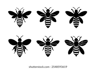 Discover a stunning collection of honeybee silhouette vectors with a clean white background, perfect for design projects, branding, and creative concepts